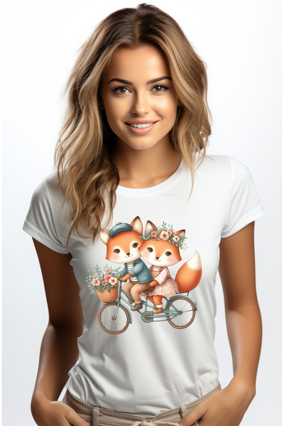 StoryGift Romania Tricou Femei Cu O Vulpe Si Un Vulpoi Care Se Plimba Cu Bici...
