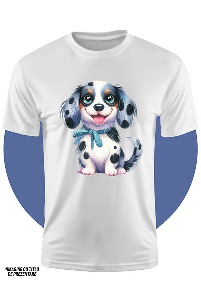 StoryGift Romania Tricou Copii Cu Un Catel Vesel, Ilustratie, Limba Scoasa, Jucaus, Alb, Pete Negre, Urechi