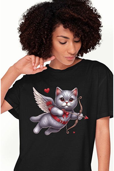 StoryGift Romania Tricou Femei Cu O Pisica Gri Cupidon Care Trage Cu Arcul, Indragostire, Inimioar Blk_l