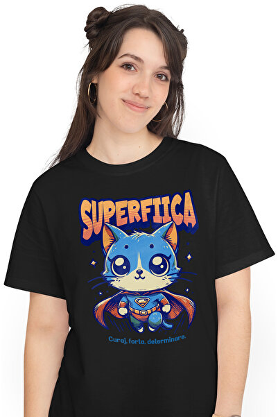 StoryGift Romania Tricou Femei Super Fiica, Supererou, Pisica Zburand, Cu Imprimeu Pe Fata, 100% Blk_m