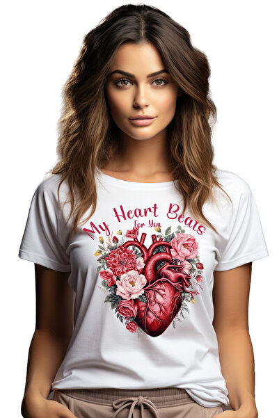 StoryGift Romania Tricou Femei Cu O Inima Inconjurata De Flori Cu Mesajul "my Heart Beats For You" Wht_m