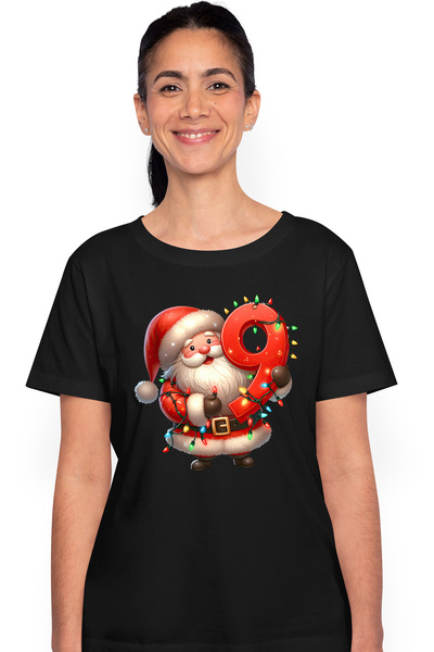 StoryGift Romania Tricou Femei Cu Mos Craciun Care Tine Cifra "9", Ilustratie...