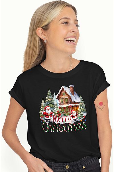 StoryGift Romania Tricou Femei Cu Mesajul "merry Christmas", Craciun Fericit, Ilustratie, Iarna, M Blk_l