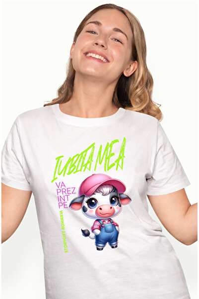 StoryGift Romania Tricou Femei Vaca Draguta Cu Sapca Text Haios Va Prezint Pe Iubita Mea Cu Imprim Wht_m