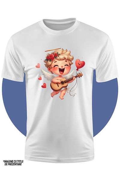 StoryGift Romania Tricou Copii Cu Un Bebelus Cupidon Care Canta La Chitara, Ilustratie, Instrument Muzical,
