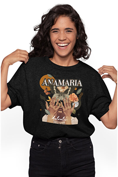 StoryGift Romania Tricou Femei Cu Numele Anamaria, Colaj Fata, Fluture, Flori, Cerc, Cu Imprimeu Blk_m