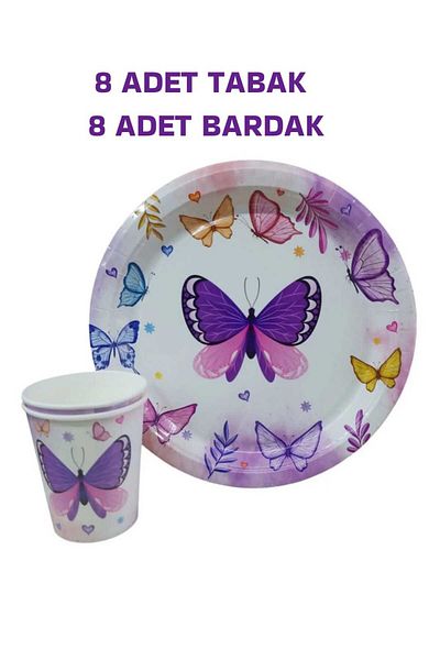 asöy 8-Person Macaron Lilac Pink Butterfly Disposable Plate-Cup-Party Set of 2 Plate White Purple Butterfly