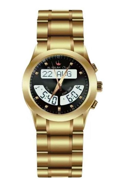 al salah watch Al Salah Islamic Prayer Watch For Prayer Times Gold Stainless Steel, Dual Time Digital and Analog