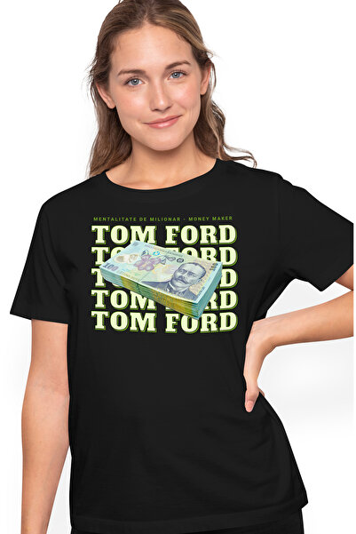 StoryGift Romania Tricou Femei Tom Ford - 100 Lei Romanesti, Cu Imprimeu Pe Fata, 100% Bumbac, Ne Blk_l