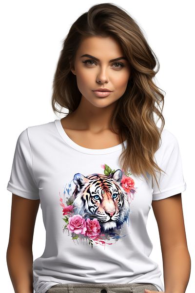 StoryGift Romania Women's T-shirt with a serious tiger, illustration, serene, flowers, nature, plants, jungle WHT_L,STG