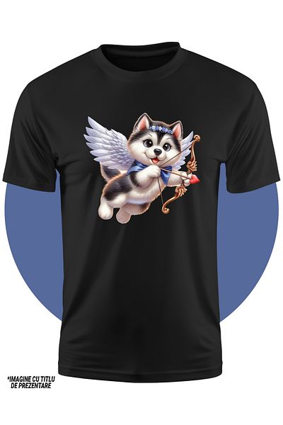 StoryGift Romania Tricou Copii Cu Un Catel Malamut De Alaska, Ilustratie, Cupidon, Trage Cu Arcul, Aripi, Sa