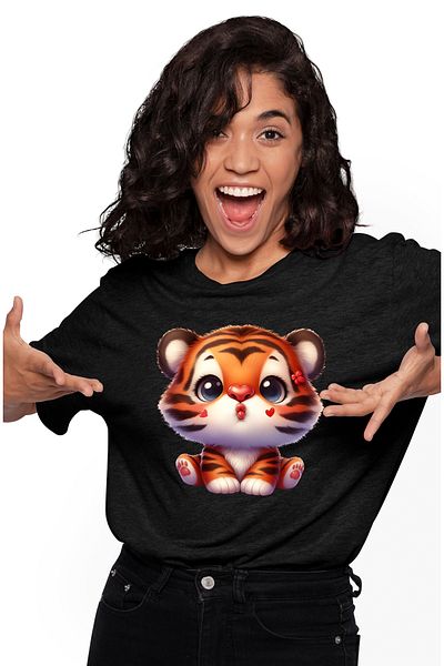 StoryGift Romania Women's T-shirt with a tiger cub giving a kiss, illustration, hearts, appreciation BLK_M,STG