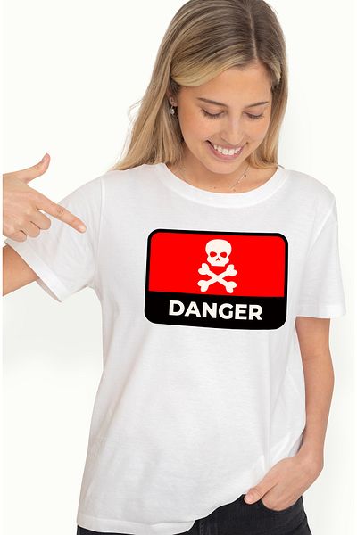 StoryGift Romania Women's T-Shirt With Message In English Danger, Bones, Skull, Danger, Multicolor with i WHT_L,STG51995