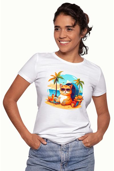StoryGift Romania Tricou Femei Cu O Pisica La Mare, Ilustratie, Relaxare, Apa, Plaja, Ochelari De Wht_m