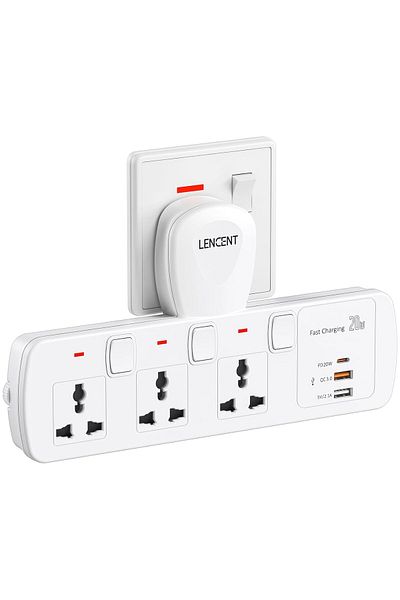 LENCENT Multi-Outlet Power Extension, USB PD & QC 3.0 20W Wall Charger, Universal Adapter 6-in-1