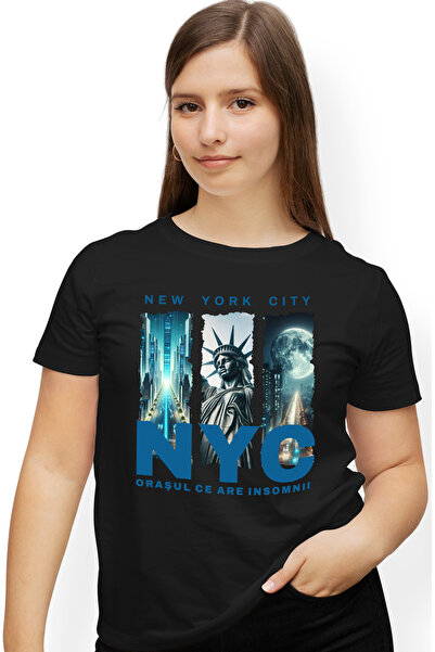 StoryGift Romania Tricou Femei New York Oras Statuia Libertatii Text Oras Cu Insomnii Cu Imprimeu Blk_l
