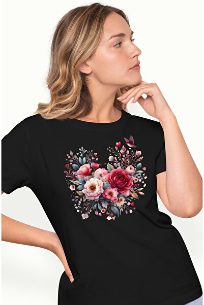 StoryGift Romania Tricou Femei Cu Multe Flori, Rosii, Roz, Pasare, Ilustratie...