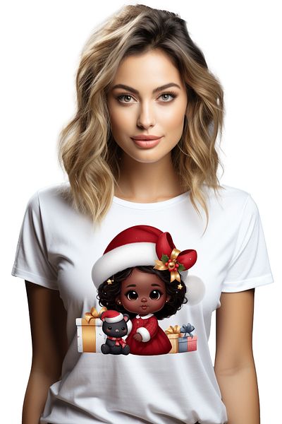 StoryGift Romania Tricou Femei Cu O Fetita De Culoare Timida, Ilustratie, Caciula De Craciun, Cado Wht_l
