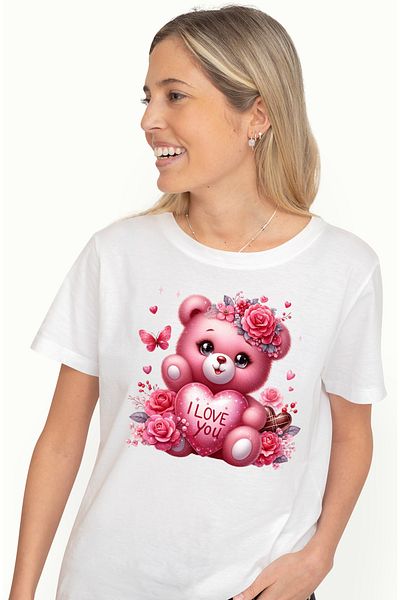StoryGift Romania Tricou Femei Cu O Ursoaica De Plus Care Tine O Inima Cu Mesajul "i Love You", Il Wht_l