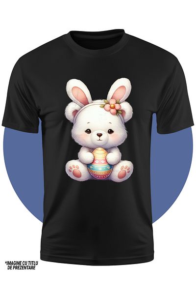 StoryGift Romania Children's T-shirt with a white teddy bear with bunny ears, illustration, painted egg, holiday, STG4