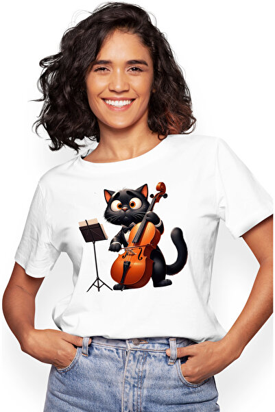 StoryGift Romania Tricou Femei Cu O Pisica Neagra Care Canta La Violoncel, Mu...