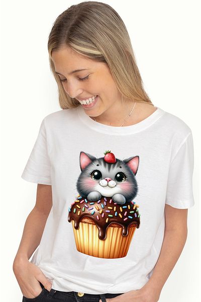 StoryGift Romania Tricou Femei Cu O Pisicuta Care Sta Intr-o Briosa, Ilustratie, Ciocolata, Dulciu Wht_m