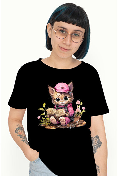 StoryGift Romania Tricou Femei Cu O Pisicuta Care Citeste Dintr-o Carte, Ilus...