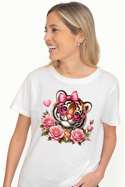 StoryGift Romania Women's T-shirt with a tiger cub wearing heart-shaped glasses WHT_M,STG39203