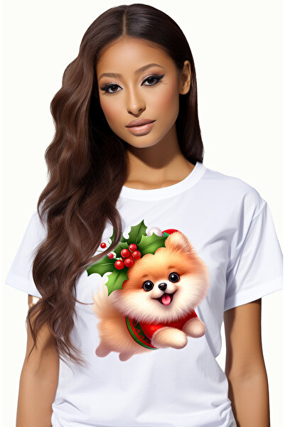 StoryGift Romania Tricou Femei Cu Un Catelus Vesel, Caciula, Craciun, Vasc, S...