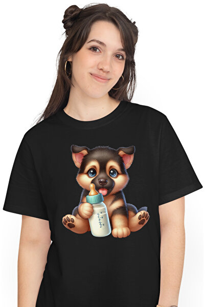 StoryGift Romania Tricou Femei Cu Un Catel Curios Care Tine Un Biberon, Grija...