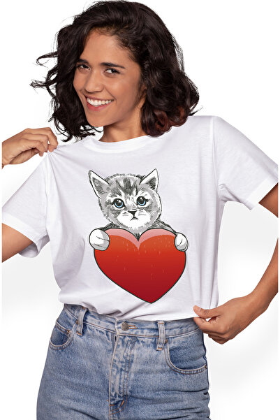 StoryGift Romania Tricou Femei Cu Pisica Cu Ochii Albastri Tinand O Inima Mar...