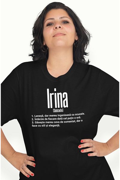 StoryGift Romania Tricou Femei Cu Numele Irina, Si Mesaj Amuzant, Lenesa, Mereu Are De Comentat, G Blk_l