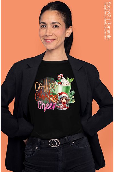 StoryGift Romania Tricou Femei cu o fetita dragalasa cu mesajul "Coffee Christmas Cheer", Craciun BLK_M