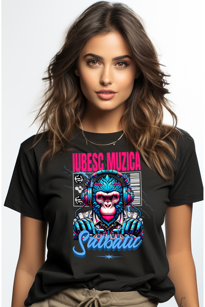 StoryGift Romania Tricou Femei Gorila Dj, Muzica Iubitorii Petreceri Cu Imprimeu Pe Fata, 100% Bum Blk_l