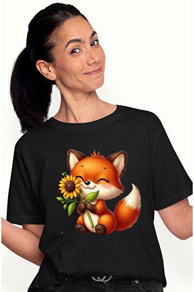 StoryGift Romania Tricou Femei Cu O Vulpita Vesela Care Tine O Floare, Ilustr...