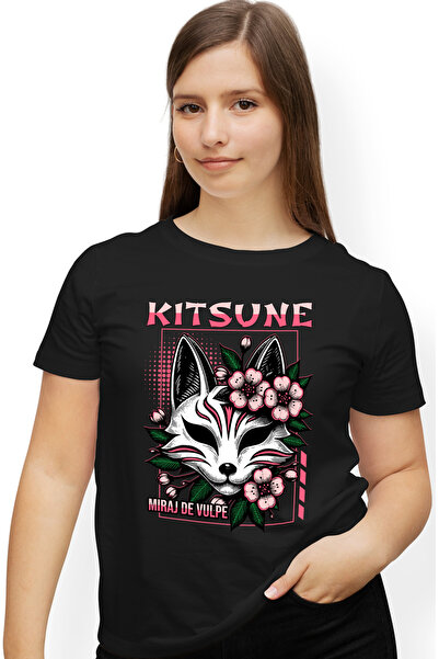 StoryGift Romania Tricou Femei Masca Japonia Traditionala Kitsune Miraj De Vulpe Cu Imprimeu Pe Fa Blk_l