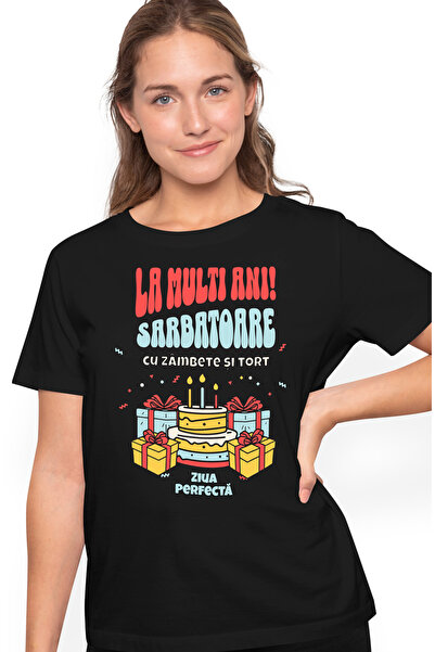 StoryGift Romania Tricou Femei La Multi Ani! Sarbatoare Cu Zambete Si Tort Cu...