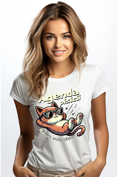 StoryGift Romania Tricou Femei Agenda Pisicii Mancare Somn Relaxare Cu Imprimeu Pe Fata, 100% Bumb Wht_l