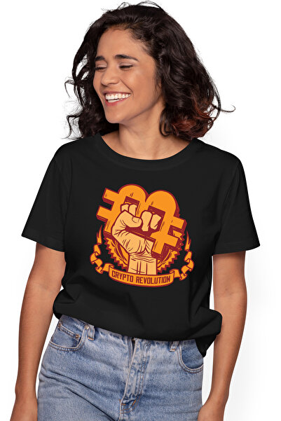 StoryGift Romania Tricou Femei Cu Simbol Bitcoin In Mana Strans, Crypto Revolution, Monede Virtual BLK_L,STG57413