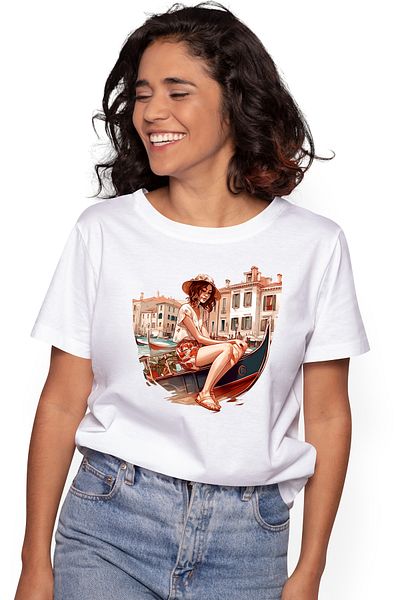 StoryGift Romania Tricou Femei Cu O Fata Intr-o Barca, Calatorie, Ilustratie, Venetia, Apa, Excurs Wht_m