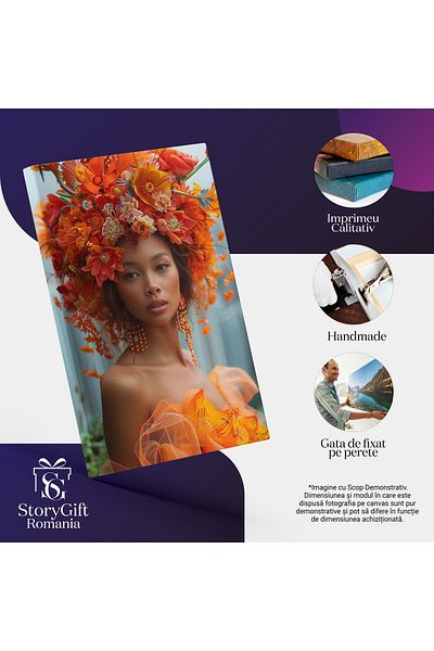 StoryGift Romania Tablou Canvas Aura Florilor Radierea Eleganței Pe Chipul Femeii Cu Flori Portocalii Pe Cap , Pi