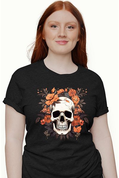 StoryGift Romania Women's T-shirt with a skull, illustration, orange flowers, plants, abstract, nature BLK_L,STG58669