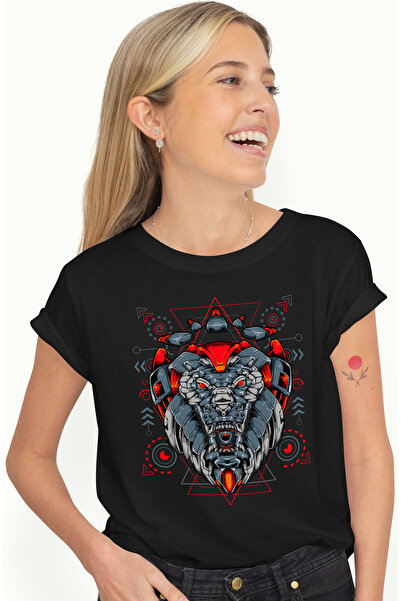 StoryGift Romania Tricou Femei Cu Cap De Leu, Robot, Geometric, Cyberpunk, Sf, Multicolor Cu Impr Blk_l