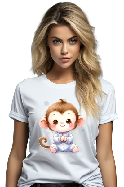 StoryGift Romania Tricou Femei Cu O Maimutica Vesela, Ilustratie, Imbujorata, Pete De Culoare, Ani Wht_l