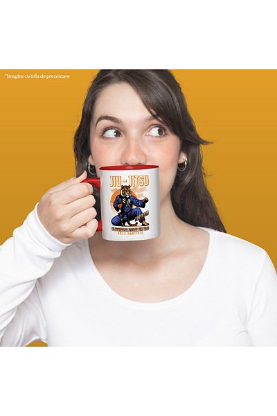 StoryGift Romania Mug With Tiger In Martial Arts Outfit Karate Sport Motivational Fighting Text Jiu-j, With Red Handle