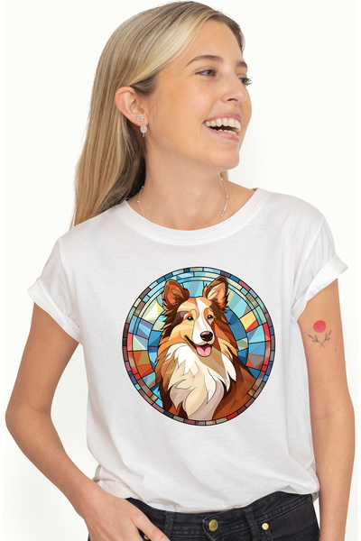 StoryGift Romania Tricou Femei Cu Un Caine Bucuros In Stil Mozaic, Ilustratie, Sticla, Abstract, P Wht_m