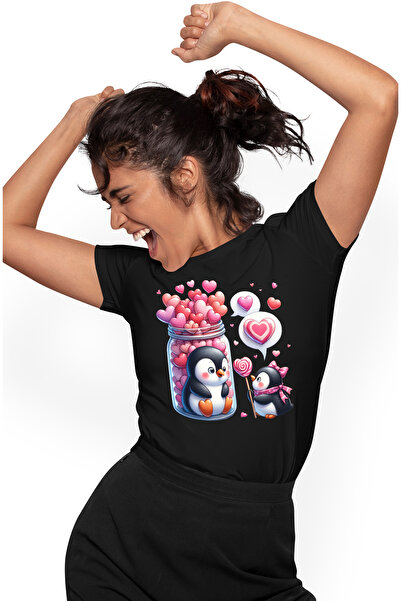 StoryGift Romania Tricou Femei Cu O Femela Pinguin Si Un Pinguin, Ilustratie, Sta In Borcan, Multe Blk_l