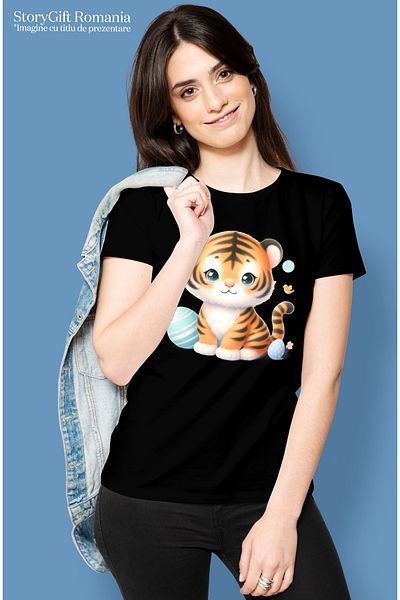 StoryGift Romania Women's T-shirt with a good tiger cub, illustration, painted eggs, birds, animal BLK_L