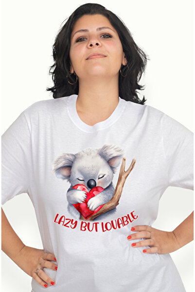 StoryGift Romania Tricou Femei cu un urs koala dormind cu mesajul "Lazy, but lovable", ilustratie, WHT_L