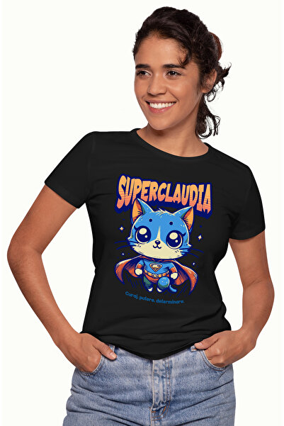 StoryGift Romania Tricou Femei Super Claudia, Supererou, Pisica Zburand, Cu Imprimeu Pe Fata, 100 Blk_m